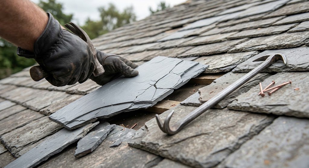 Photo of a roofer replacing slates