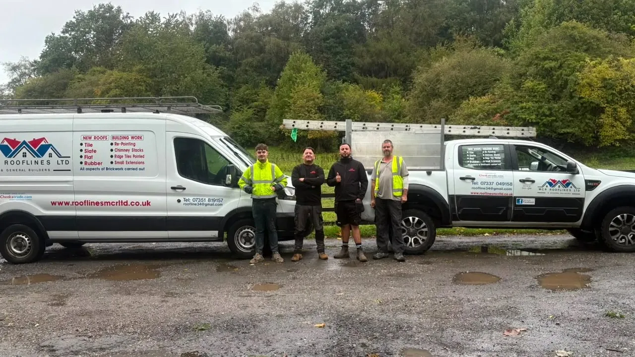 The MCR Rooflines team with their vans in Denton